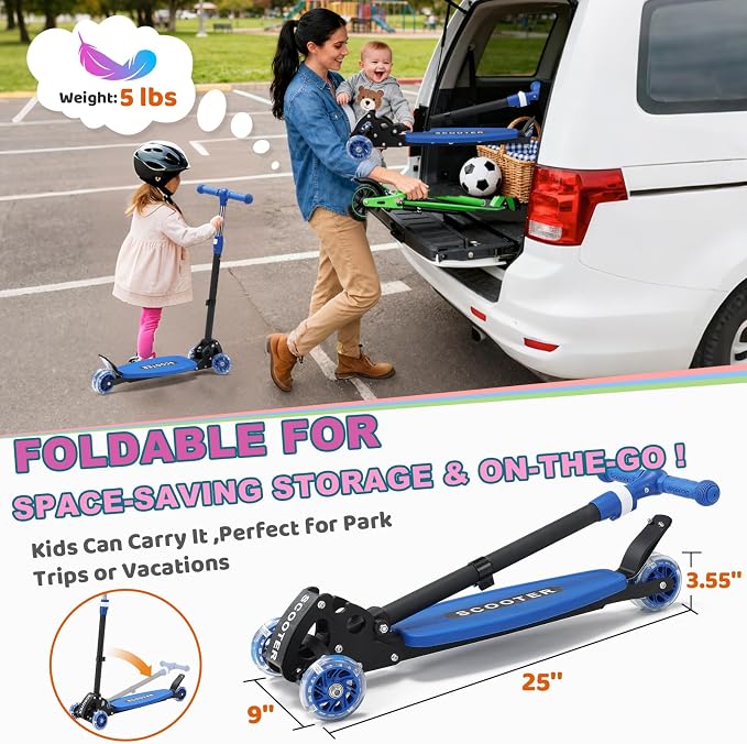 Kick Scooter for Kids Ages 6-12, Stable 3 Wheel Kids Scooter with LED Light-Up Wheels, 3 Adjustable Heights, Lean-to-Steer, Foldable, 6" Extra Wide Deck for Boys and Girls Gifts