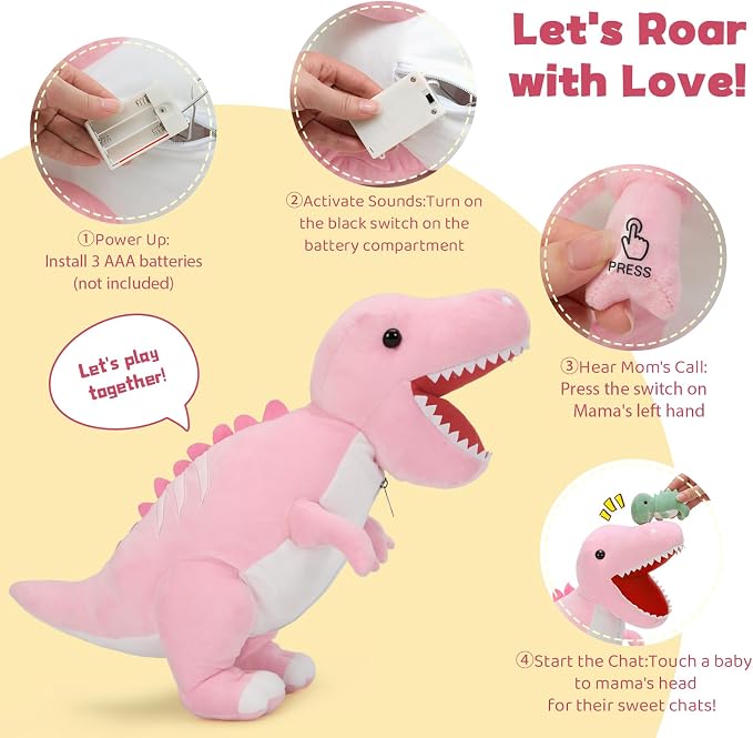 MorisMos Dinosaur Stuffed Animal with Babies Inside Belly, 23.6'' Interactive Talking Mommy Stuffed Dino T-rex Plush with 3 Baby Dinos & Eggs, Boy Girl Dinosaur Toys for Kids 3-8, Pink T-rex Toys Gift