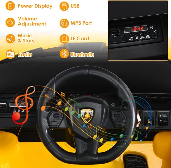 OLAKIDS Kids 12V Licensed Lamborghini SIAN Ride On Car, Electric Vehicle for Toddler with Control Remote, Battery Powered Toy with Music, 2 Speeds, Suspension, LED Lights, Bluetooth (Yellow)