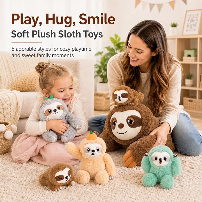 Tezituor Sloth Stuffed Animal Set, 23.6 Inch Giant Mommy Sloth Plush with 4 Baby Sloths, Large Soft Sloth Toy for Kids Adults,Sloth Plushies,Christmas Birthday Valentine’s Day