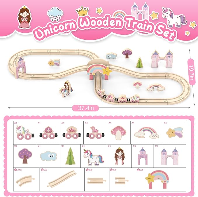 Wooden Train Set for Toddlers – 39 Pcs Unicorn Wooden Train Track Toy for Girls, Fantasy Toddler Toys for 3 4 5 6 Year Old Girls, Ideal Christmas Birthday Gift for 3-5 Girl