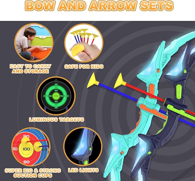 Kmuxilal 2 Pack Kids Bow and Arrow Set with LED Flash Lights, 14 Suction Cup Arrows and Fluorescence Standing Target-Perfect Indoor and Outdoor Game Archery Set Toy Gift for 4 5 6 7 8-12 Year Old Boys