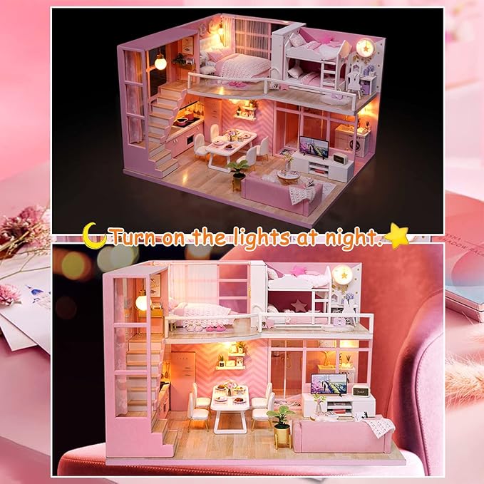 TuKIIE DIY Miniature Dollhouse Kit with Furniture, 1:24 Scale Creative Room Mini Wooden Doll House Accessories Plus Dust Proof & Music Movement for Kids Teens Adults(Dream Angels)