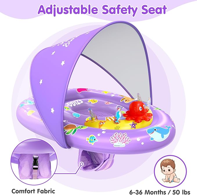 EZIGO Baby Pool Float with Canopy UPF50+ Sun Protection, Inflatable Kids Pool Floats with Ocean Animal Toys for Baby 6-36 Months, Infant Swimming Float with Adjustable Safety Seat for Boys Girls