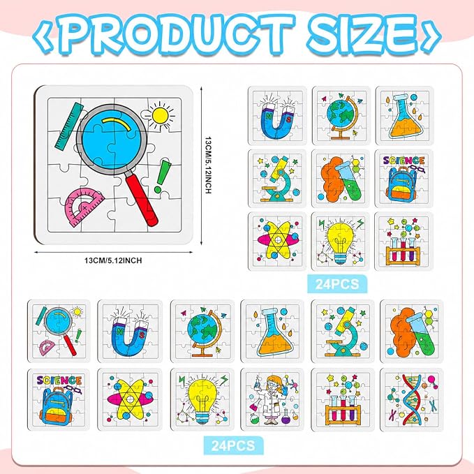 Cinrobiye 24 PCS Science Coloring Puzzle Craft Kit for Kids, DIY STEM Science Jigsaw Puzzles Bulk with 12 Designs, Educational Classroom Activities, Sciences Party Favors, Art Projects