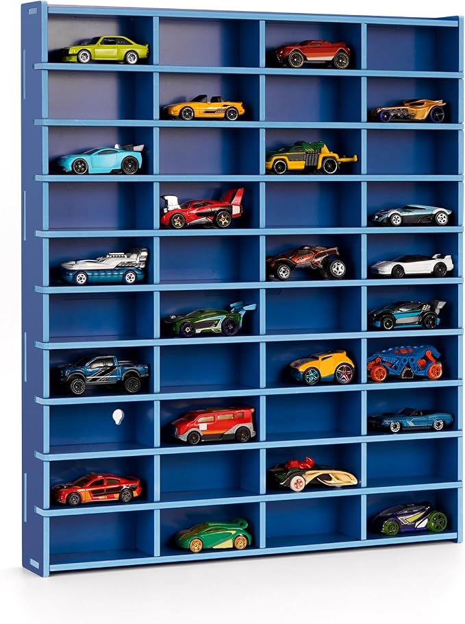 Krafetto Toy Car Display Shelf, Holds 40 Diecast 1/64 Toy Cars, Wall Mount Model Car Storage Organize Case, Blue