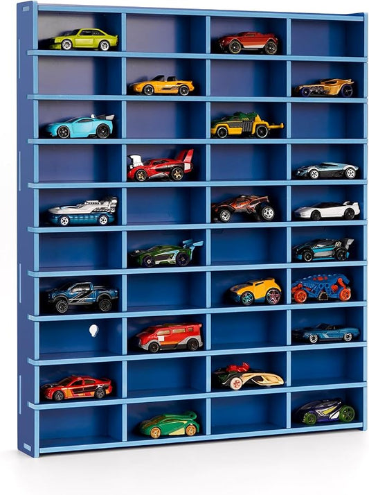 Krafetto Toy Car Display Shelf, Holds 40 Diecast 1/64 Toy Cars, Wall Mount Model Car Storage Organize Case, Blue
