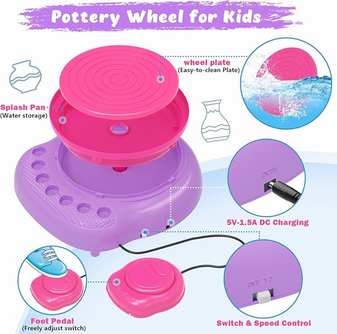 Pottery Wheel for Kids with Complete Clay Kit,Beginner Pottery Painting Set with Air Dry Clay,12 Paints,Sculpting Tools,Apron and Guide,Arts and Crafts Christmas Birthday Gift for Girls Boys Ages 6-12