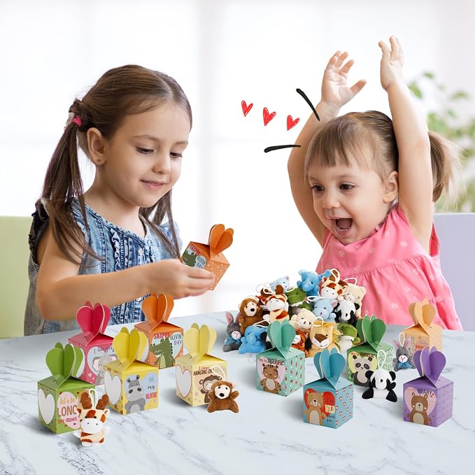 ATFUNSHOP 30 Pack Animal Plush Keychains Bulks – Easter Basket Fillers, Valentines Day Gifts for Kids, Small Stuffed Animals Toys with Gift Boxes, School Classroom Party Favors for Students