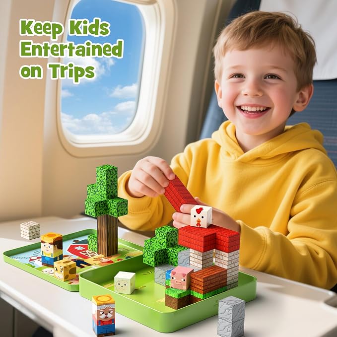 49 Pcs Farm Animals Magnetic Building Blocks Set for Toddlers 3-5, Travel Toys with Iron Storage Box, Magnetic Tiles & Cubes for Kids Ages 4-8, STEM Learning, Portable Play Base for Car Plane Trips
