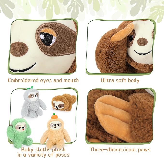Tezituor Sloth Stuffed Animal Set, 23.6 Inch Giant Mommy Sloth Plush with 4 Baby Sloths, Large Soft Sloth Toy for Kids Adults,Sloth Plushies,Christmas Birthday Valentine’s Day