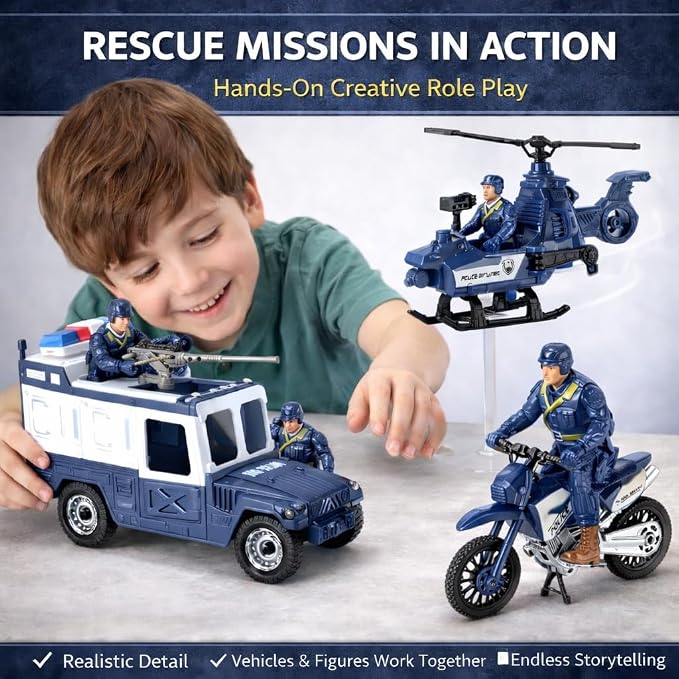 Liberty Imports 8 PCS Police Rescue Patrol Toy Vehicles and Figures Playset - Helicopter, SWAT Truck, Motorcycle, Action Figures, K-9, Weapons, and Accessories for Kids Imaginative Pretend Play