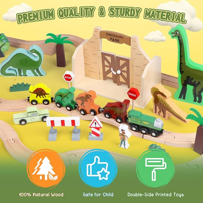 Wooden Train Set, Dinosaur Toys for Kids 3-5, Compatible with Major Brands, Dinosaur Train, Ideal Wooden Dinosaur Train Track Set for 3 4 5 6 7 8 Year Old Kids Boy Girl
