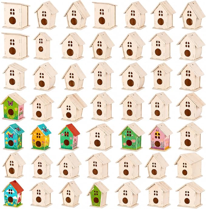 Sawysine 107 Pcs DIY Birdhouse Kits for Kids Ages 5-8 8-12, 48 Wooden Bird House Kits in 6 Shapes and 57 Butterfly Sticker for Children Spring Craft Activity Art DIY Project(Lovely Style)