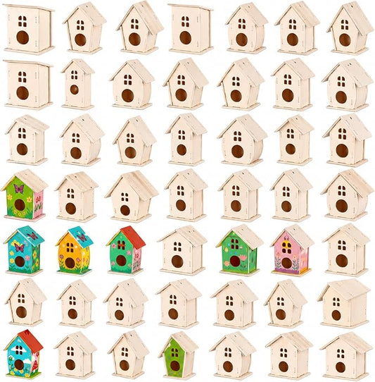 Sawysine 107 Pcs DIY Birdhouse Kits for Kids Ages 5-8 8-12, 48 Wooden Bird House Kits in 6 Shapes and 57 Butterfly Sticker for Children Spring Craft Activity Art DIY Project(Lovely Style)