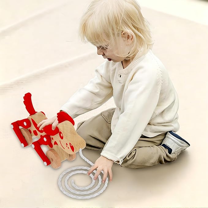 Montessori Toys 1 2 3 4 Years Old Boys Girls Wooden Walking Pull Dog Toy for Baby Toddler, Pull Along Walking Toys, Walk Along Puppy Pull, Wooden Pull & Push Toy (Red)