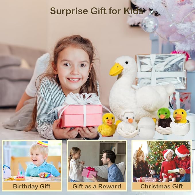 7 in 1 Duck Stuffed Animal, 12" Zippered Mommy Stuffed White Duck Plush Toy with 4 Baby Ducklings and Eggs, Soft Duck Plushie Pillow for Kids Christmas Birthday Gift Farm Party