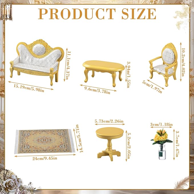 Skylety 7 Pcs Wooden Dollhouse Furniture Set 1: 12 Scale Victorian Dollhouse Bedroom Furniture, Bed Dressing Table Wardrobe Carpet for Adults Toys Miniature Doll House Accessories(Gold,Fashion)