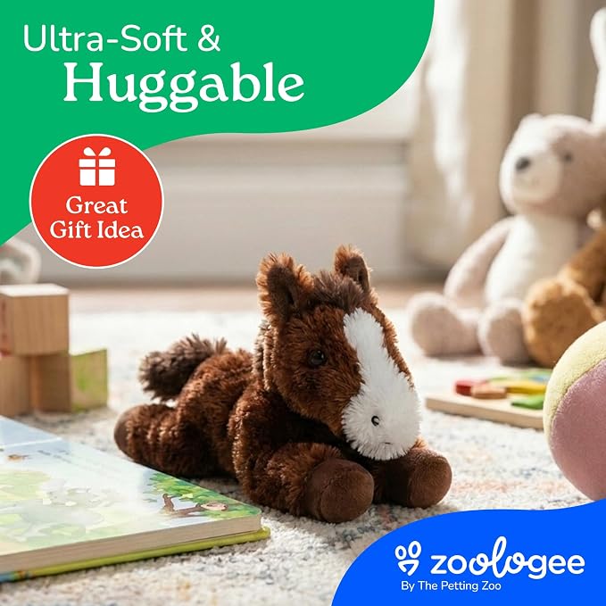 The Petting Zoo Horse Stuffed Animal Plushie, Gifts for Kids, Scoopz Wildlife Animals, Brown Horse Plush Toy, 8 inches