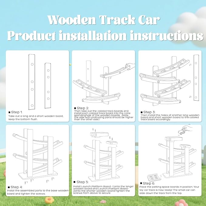 Wooden Car Ramp Toy Set, Montessori Ramp Set Includes 4 Mini Cars and Track — Educational Gift for Boys and Girls 3+ Years Old