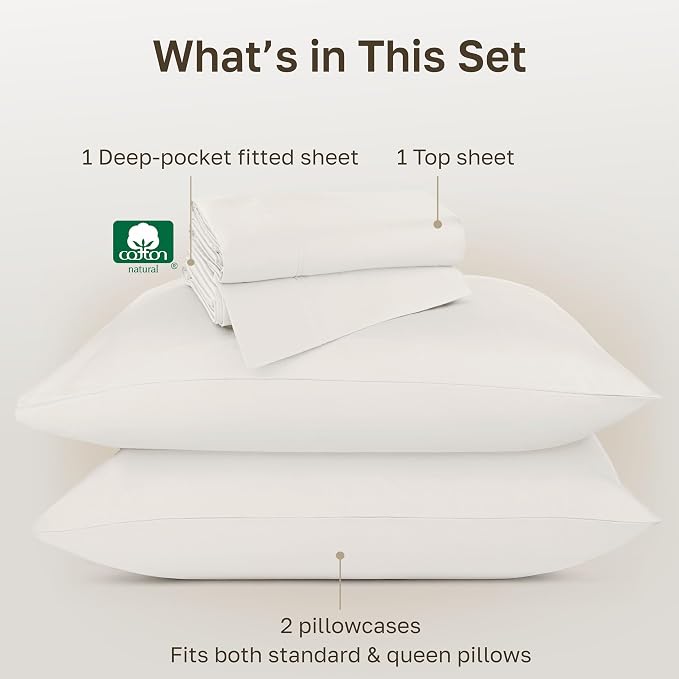 California Design Den 100% Cotton Queen Sheet Set - Luxury 800 Thread Count, Sateen Queen Sheets Cotton, Deep Pockets for a Snug Fit, Durable Bedding - Eggshell Cream