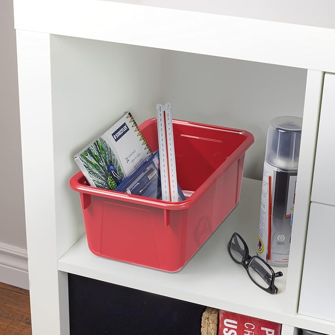 Storex Small Cubby Bins – Plastic Storage Containers for Classroom with Non-Snap Lid, 12.2 x 7.8 x 5.1 inches, Red, 5-Pack (62407A05C)