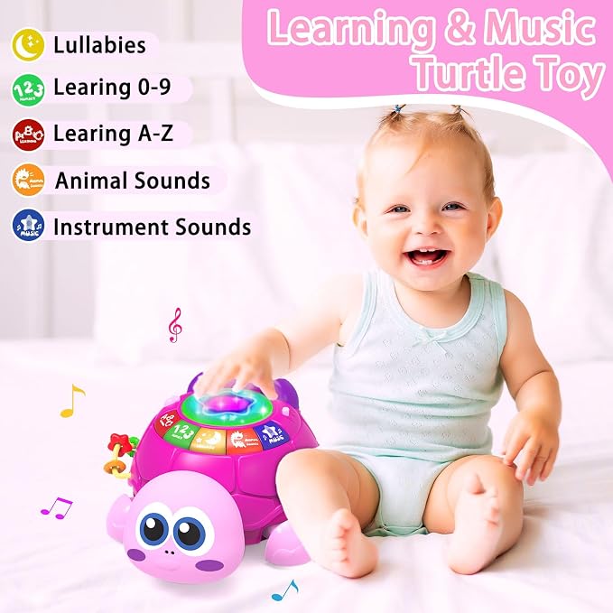 Ussybaby Musical Turtle Baby Toys 6 to 12 Month,Infant Light-up Musical Tummy Time Toy with Phone,Baby Crawling Toys for 7 8 9 12 Months Old,Easter Birthday Girl Gift for 3 4 5 Month+(Pink)