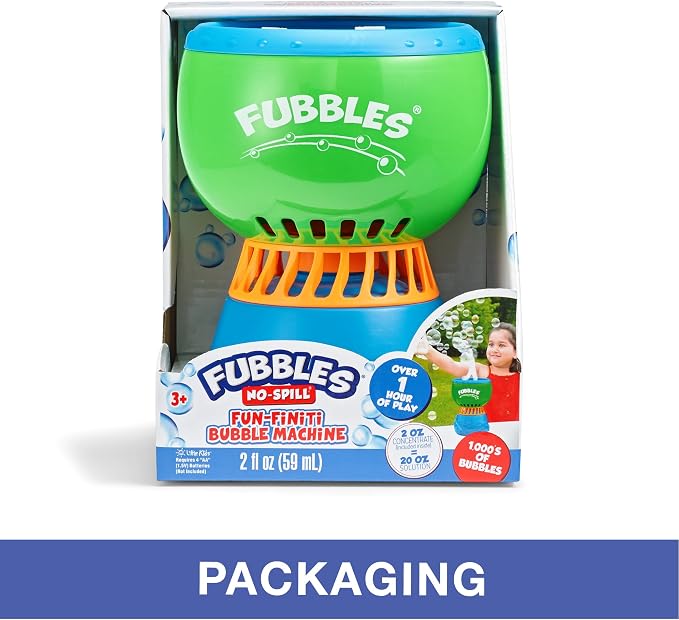 FUBBLES NO Spill Funfiniti Bubble Machine | Blows One Hour of Non Stop Bubbles | Amazon Exclusive Toy Set Includes 36oz of Non Toxic Refill Solution (Bubble Solution Bottle Colors Will Vary)