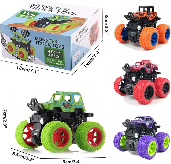 Lonandy Monster Truck Toys for Boys - Push and Go Inertia Stunt Car Toys for Toddlers Kids Age 3-8, Friction Powered Toy Cars Best Christmas Birthday Party Gift for Boys Girls 4 Pack