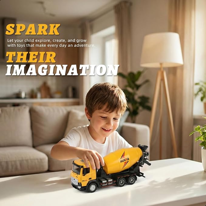 Concrete Mixer Truck, Metal 1:50 Scale Diecast Realistic Construction Trucks Toy with Rotating Drum for Boys Indoor, Outdoor, Sand and Snow Play