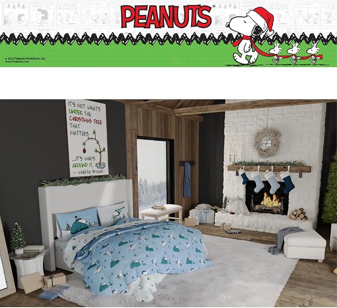 Collectibles Peanuts Snoopy Puffer Holiday & Christmas Bedding Super Soft Comforter and Sheet Set with Sham, 7 Piece King Size (Officially Licensed Product) By Franco
