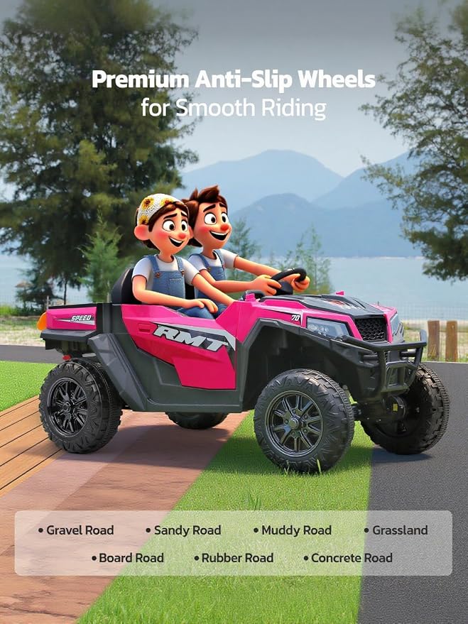 ELEMARA 24V Ride on Toy for Big Kids,Ride on Car 2 Seater w/Sun Shade,Dump Bed & Shovel,4.5MPH,4WD Electric Car for Kids,Battery Car w/Remote,Kids Ride on Truck,3 Speeds,LED Lights,Bluetooth, Pink