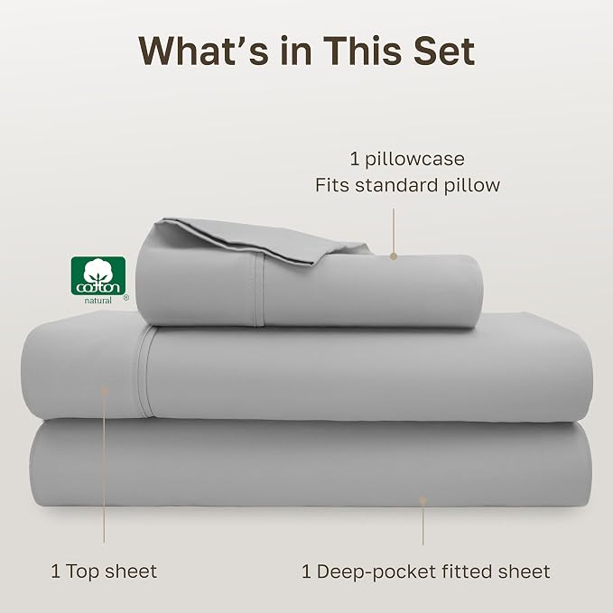 California Design Den Soft 100% Cotton Sheets Twin Size Set, 400 Thread Count Good Housekeeping Award Winner, Silky Smooth Sateen Weave, Breathable and Durable Cotton Bedding Set - Light Grey