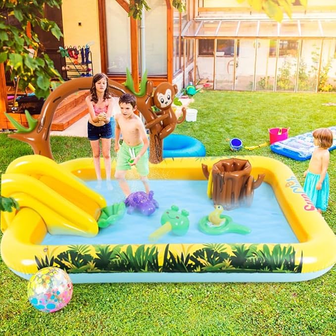 Inflatable Jungle Animal Play Center Outdoor Playhouse Inflatable Water Park with Kid Pool Slide, Sprinkler Toy with Base Pool, Monkey, Tree Stump for Garden Backyard