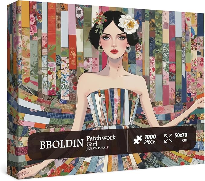 Pretty Patchwork Women Puzzles for Adults 1000 Pieces, Colorful Flower Beautiful Art Jigsaw Puzzle, Elegant Lady Impossible Hard Difficult Challenging Collage Puzzles
