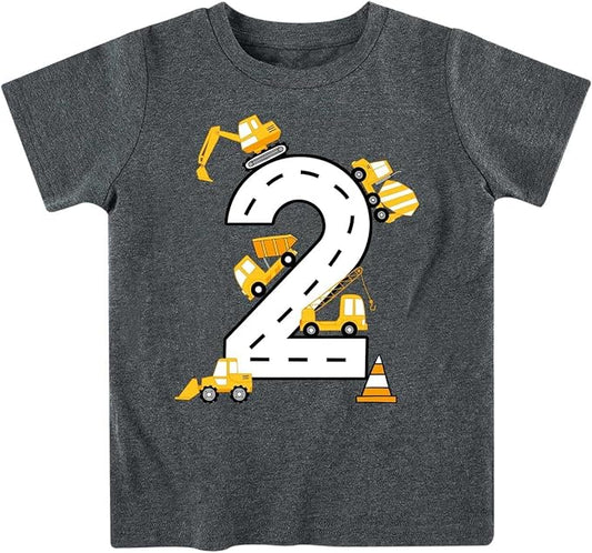 Lovekider 2-5 Years Birthday Boy Shirt Construction Party T-Shirts Excavator Cotton Short Sleeve Tee Dark Grey