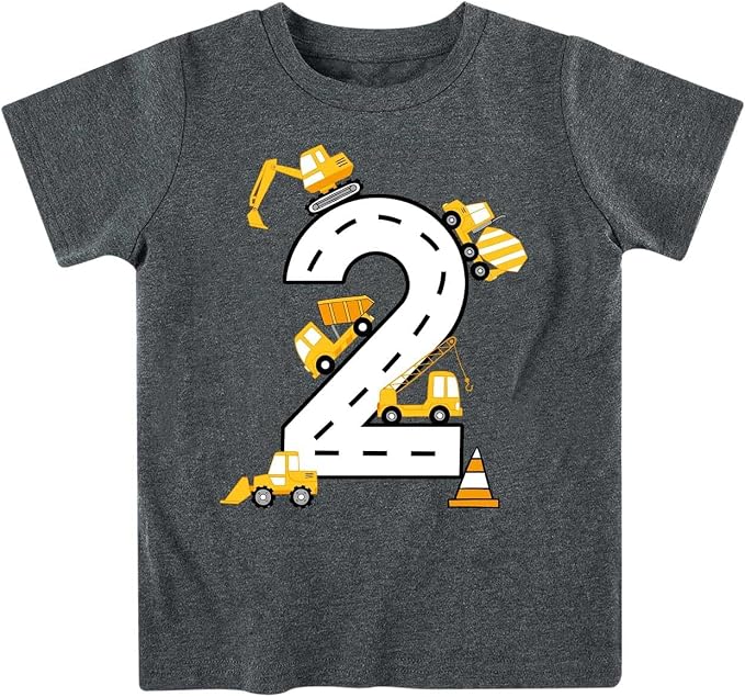 Lovekider 2-5 Years Birthday Boy Shirt Construction Party T-Shirts Excavator Cotton Short Sleeve Tee Dark Grey