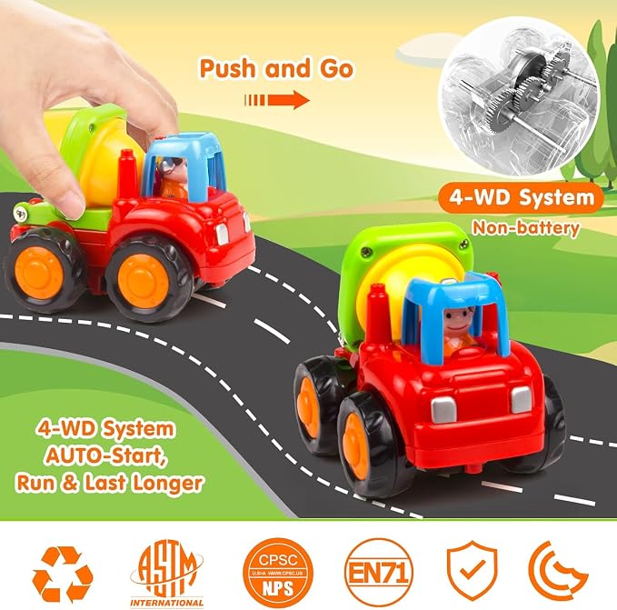 Yiosion Push and Go Friction Powered Cars Construction Vehicles Toy Set Tractor Bulldozer Mixer Truck Dumper for 1 2 3 Year Old Baby Toddlers Boys Gifts