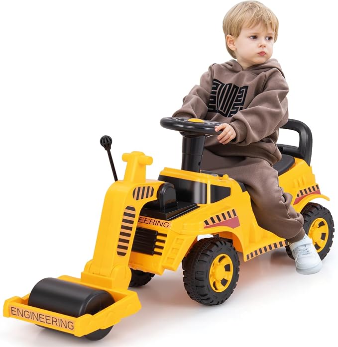 Costzon Ride on Road Roller, Sliding Kids Car with Adjustable Roller, Under-Seat Storage, Anti-Tipping Block & Engine Sound, Construction Vehicle Ride on Push Car for Toddlers Aged 19-36 Months