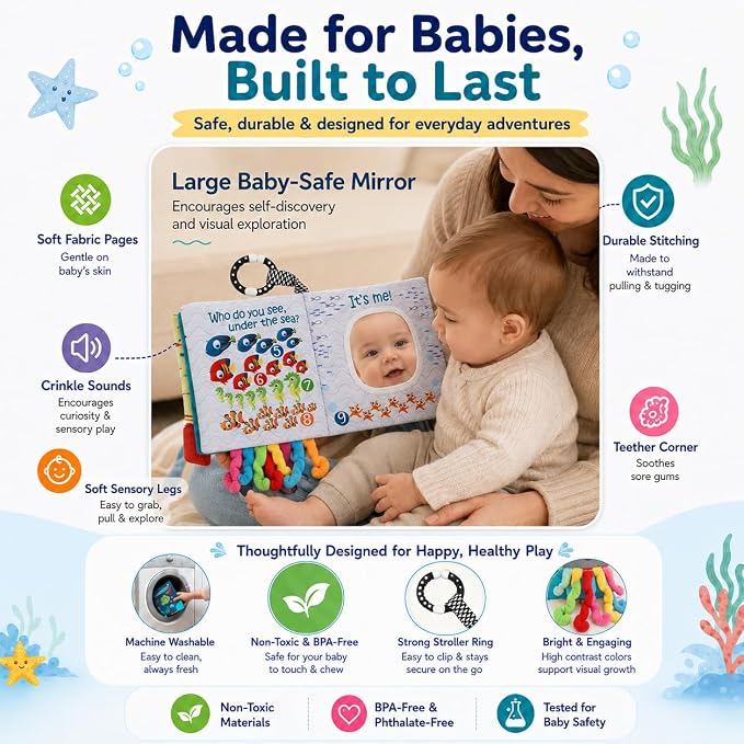 Fish Baby Book, Crinkle Books for Babies, Touch & Feel Soft Books, Infant Baby Toys 0-3 0-6 6-12 Months, Sensory Mirror Toy, Teether Ring, Baby Shower, Baby Basket Stuffers,Gifts for Boys Girls -Blue