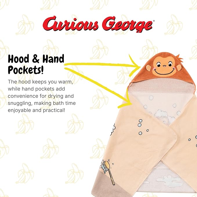 Curious George Monkey Kids Super Soft Bath/Pool/Beach Soft Cotton Terry Hooded Towel Wrap, 24 in x 50 in (100% Officially Licensed Product) By Franco