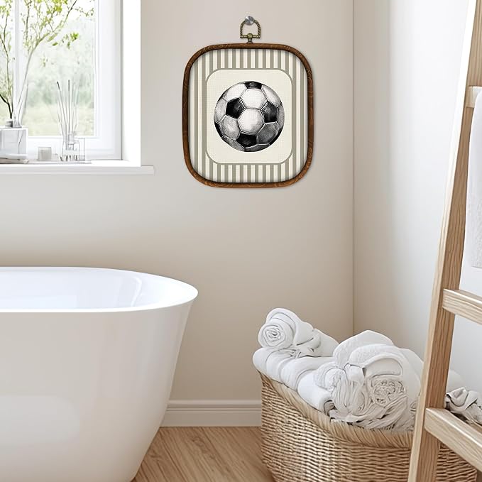 WULQYING Soccer Sports Nursery Wall Art Decor, Boys Room Square Framed Canvas Art Prints, Neutral Striped Sport Lover Gift Wall Hanging Decor for Kids Nursery Room Playroom, 5.7x6.5 Inches