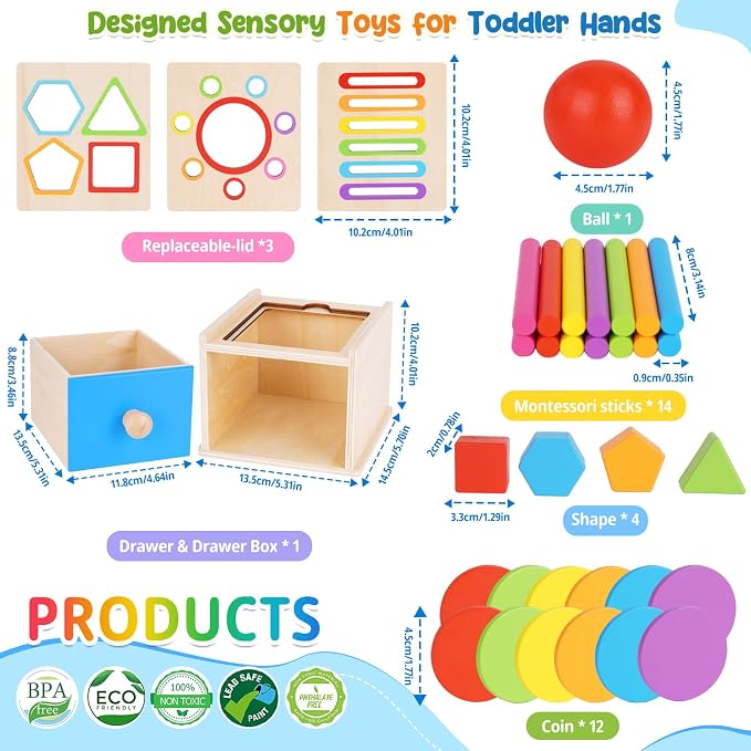 FCSONU Toddler Montessori Toys for 1 2 3 Year Old, 3in1 Shape Sorter For Toddlers 1-3 Fine Motor Skills Toys, Drawer Coin Box Color Sorting Toys Sensory Toys, Christmas Birthday Gifts for Boy Girl Kid