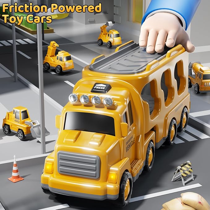 Construction Truck Toys Set for Kids Aged 1 2 3 4 5 6 7 8, Truck Playset with Toy Car, Light and Sound, Movable Parts Construction Toys for Toddlers, Birthday Gifts for Boys Girls 2-4 4-7
