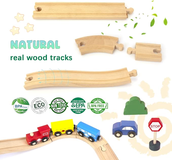 60Pcs Train Set for 3 Year Old Boys, Double-Side Wooden Train Set Tracks for Toddlers, Fits Brio, Thomas, Melissa and Doug, Kids Wood Train Toys for 3 4 5 Year Old Boys and Girls (Yellow)