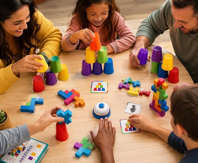 Cup Stacking Game Set with Cards and Bell, Quick Stack Speed Game + Building Blocks Puzzle 2-in-1, Family Party Game for Kids Ages 3-8, STEM Educational Toy 48 Pieces