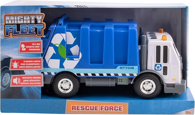Mighty Fleet Rescue Force 12" Garbage Truck Toy – Realistic Lights & Sounds, Detachable Recycling Bin, Durable Free-Wheeling Design – Ages 3+
