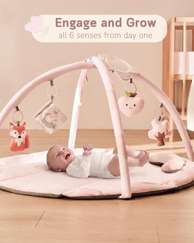 Fortella Baby Play Gym & Activity Mat, Machine Washable & Foldable Tummy Time Mat with 5 Detachable Toys, Certified Safe Newborn Essentials Gift for Baby Registry 0-12 Months (Rose Pink)