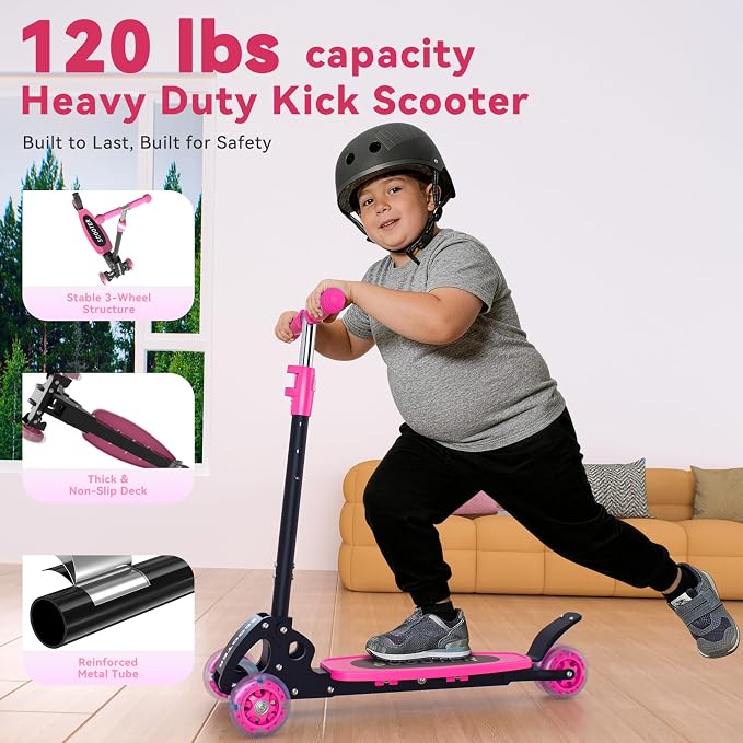 Scooter for Kids Ages 3-5, LED Light Up 3 Wheel Toddler Scooter with 4 Adjustable Heights, Lean-to-Steer Wheels, Safe Metal Brake, Foldable Kick Scooter for Boys Girls, Support 120 lbs, Birthday Gift