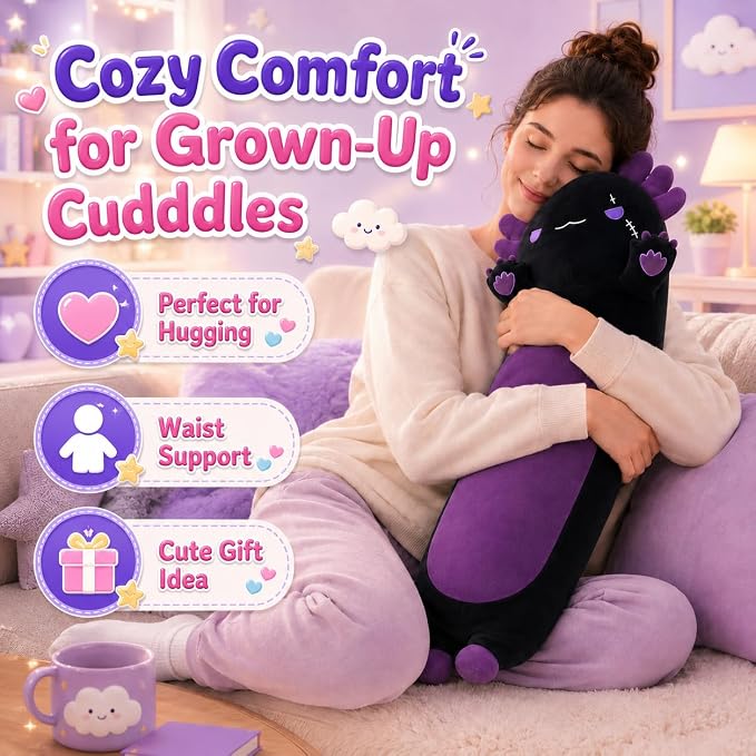 Long Axolotl Stuffed Animals 35.4 Inch, Soft Axolotl Plush Pillow Cute Body Pillow Gifts for Kids Girlfriend, Black&Purple